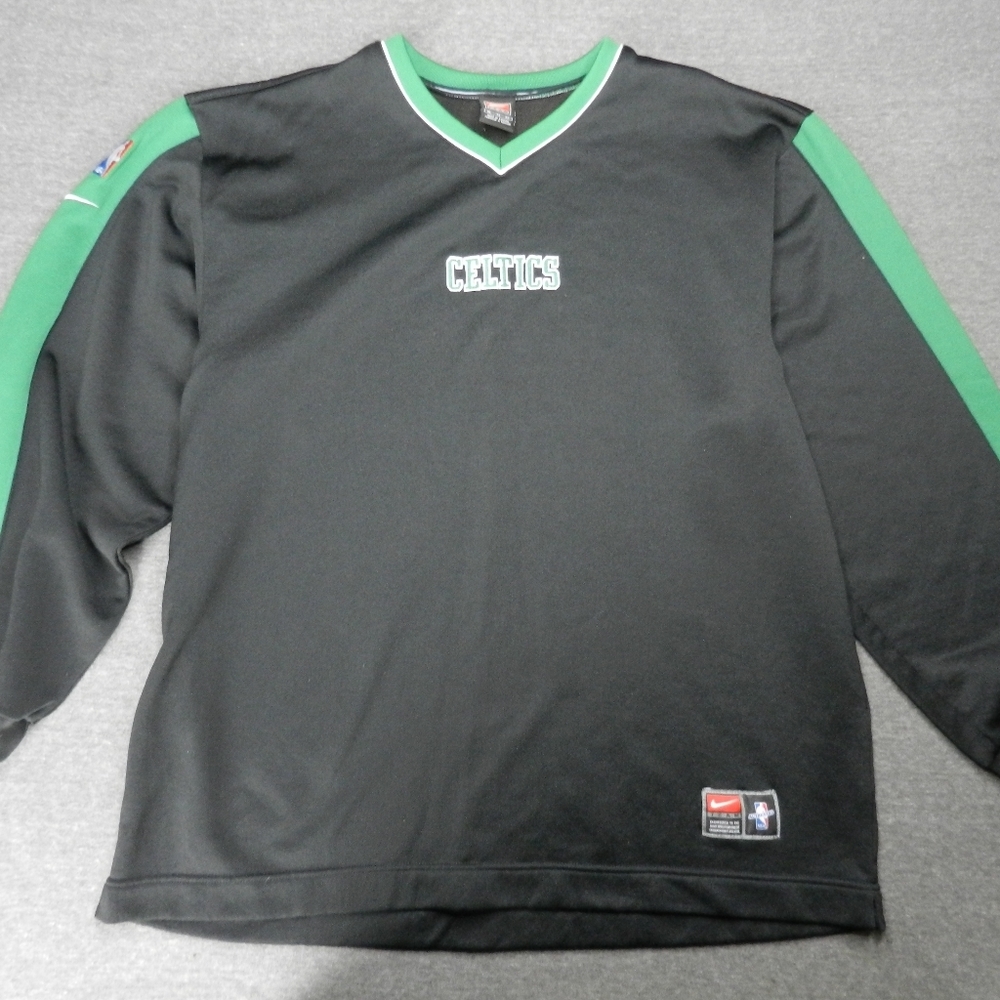 Vintage Boston Celtics Warm Up‎ Jersey Mens XL Black Green Nike NBA Spell Out